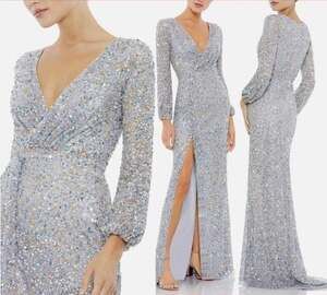 Mac Duggal Silver High Slit Sequined Long Sleeve V-Neck Formal Gown 6